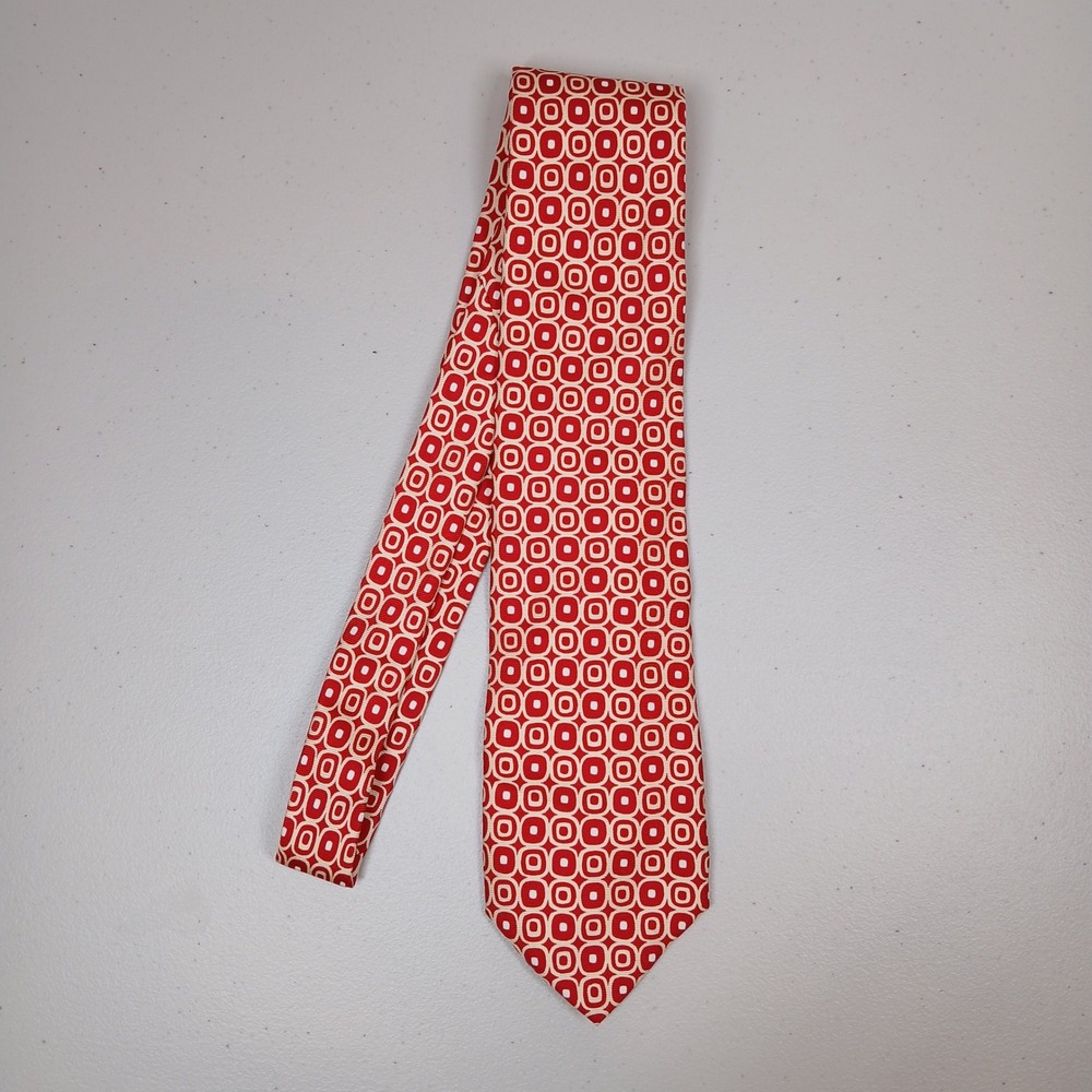 Gianfranco Ferre Tie Men Red Cream Silk Geometric Circle Print Italian Designer
